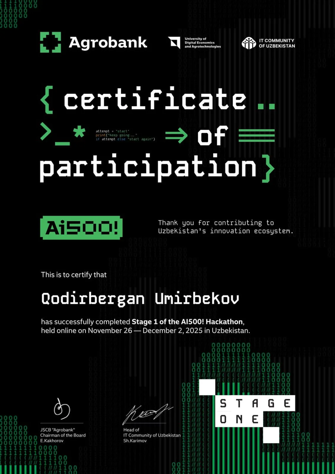 AI500! Hackathon, 1-bosqich ishtirokchisi sertifikati