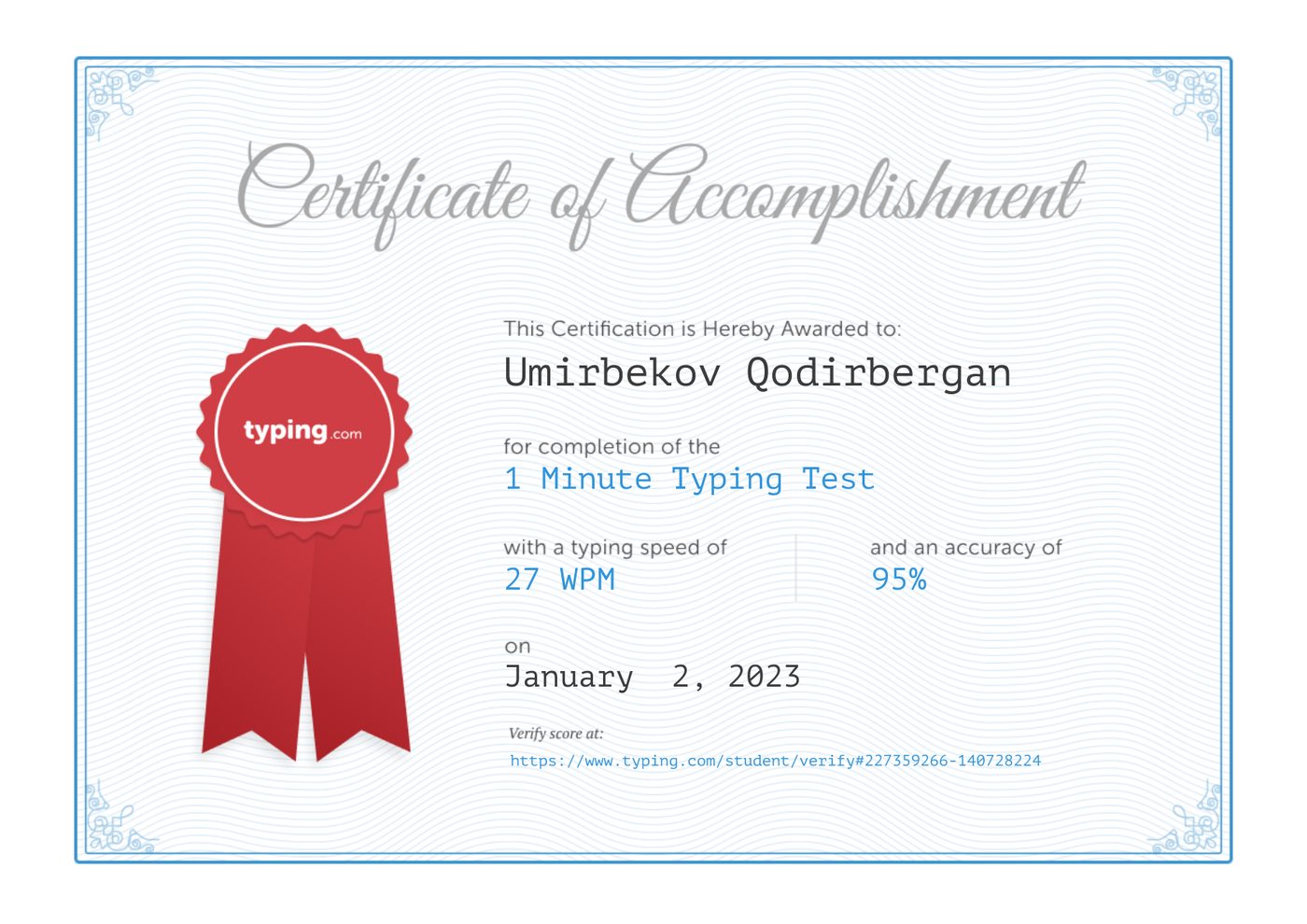 Typing.com Certificate of Accomplishment, 27 WPM, 95% aniqlik