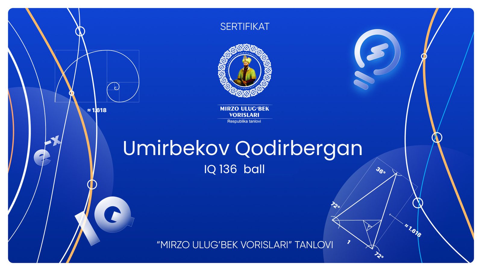 IQ 136 natijasi, Mirzo Ulug'bek vorislari Respublika tanlovi sertifikati
